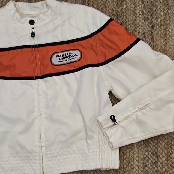 HARLEY DAVIDSON Racing Motor Cycles Cream Nylon Biker Jacket Coat Medium - Picture 2 of 8